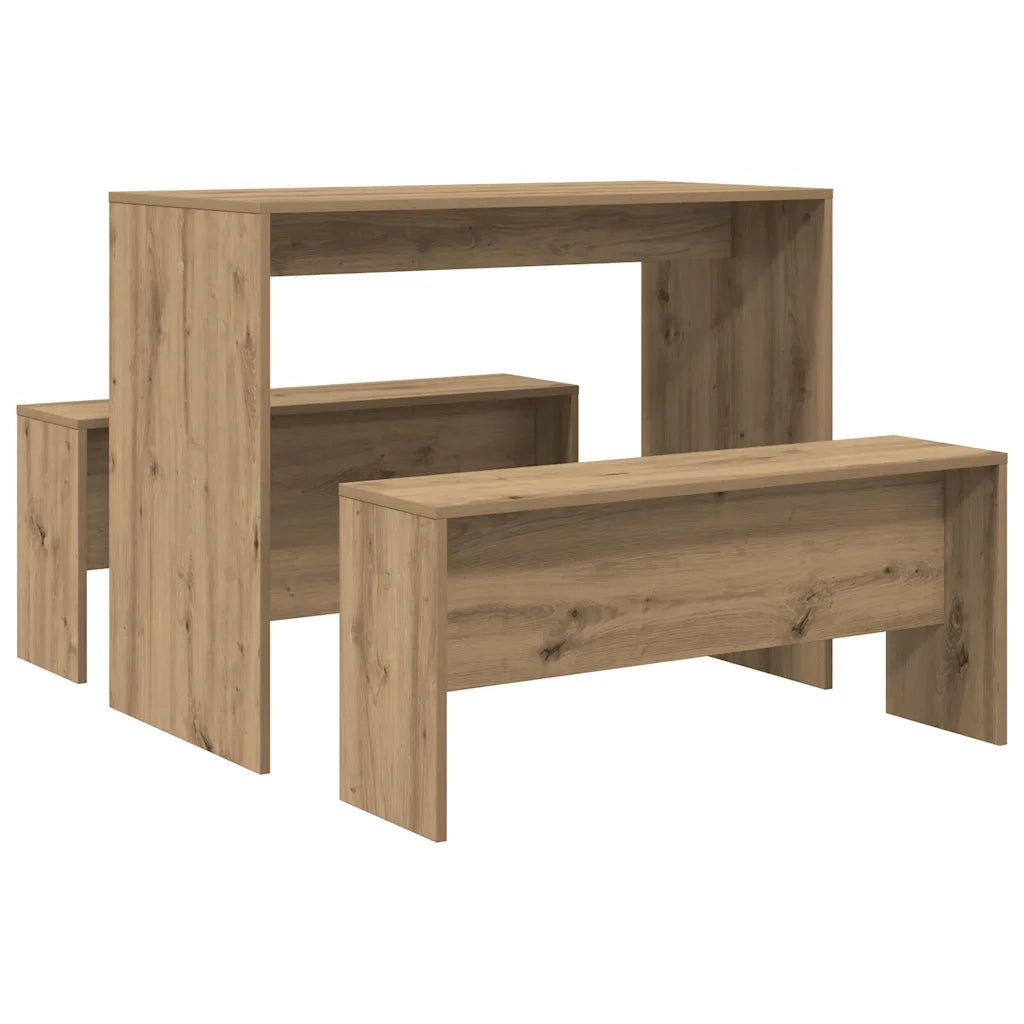Set Tavolo da Pranzo e Panche 3pz Rovere Artigianale Truciolato 855539