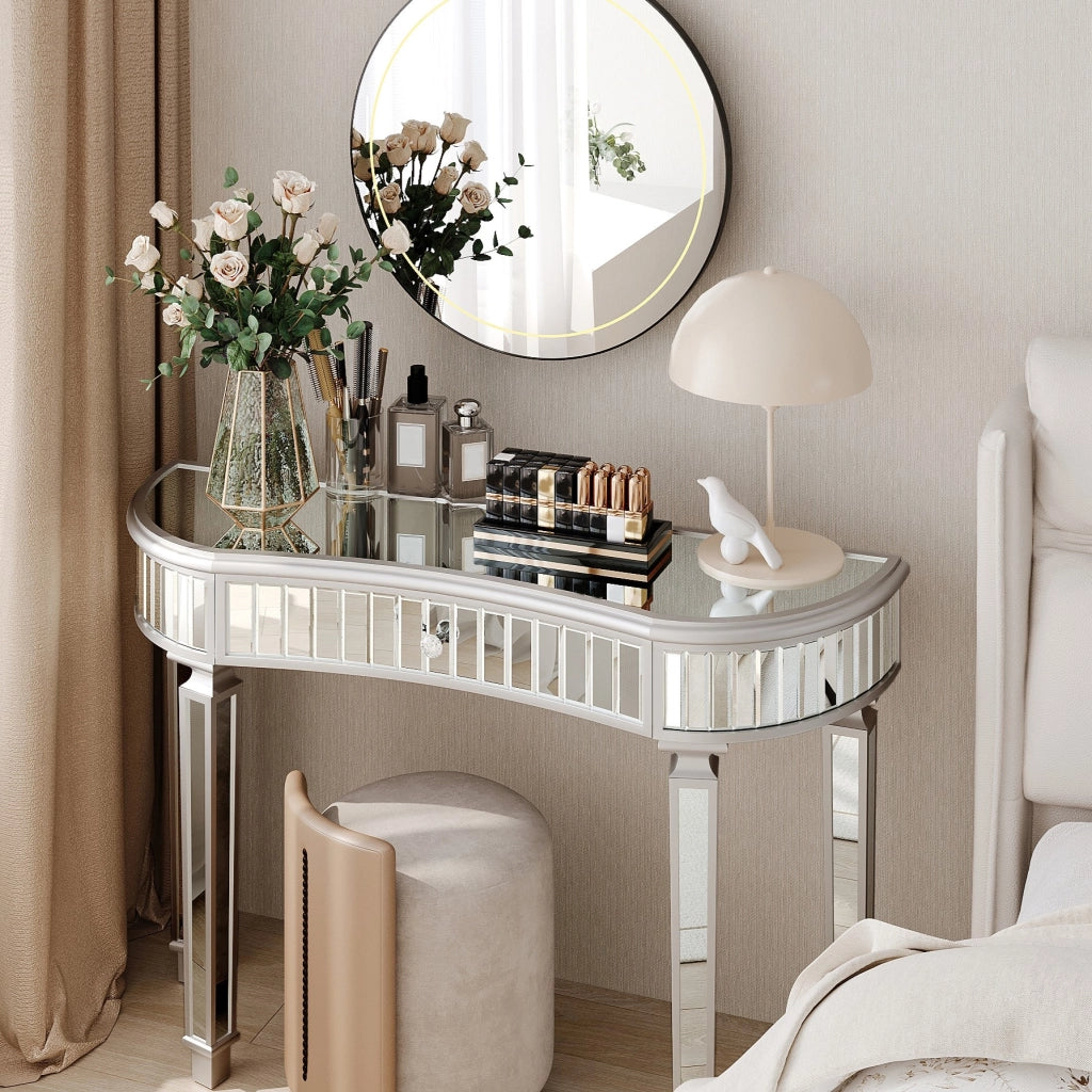 TAVOLO CONSOLLE MEZZALUNA 120 cm Grigio Argento in MDF e Vetro con Cassetto