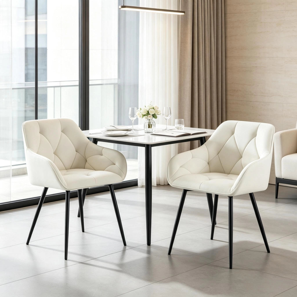 Set di 2 sedie da pranzo in velluto color crema, ergonomiche con gambe in metallo