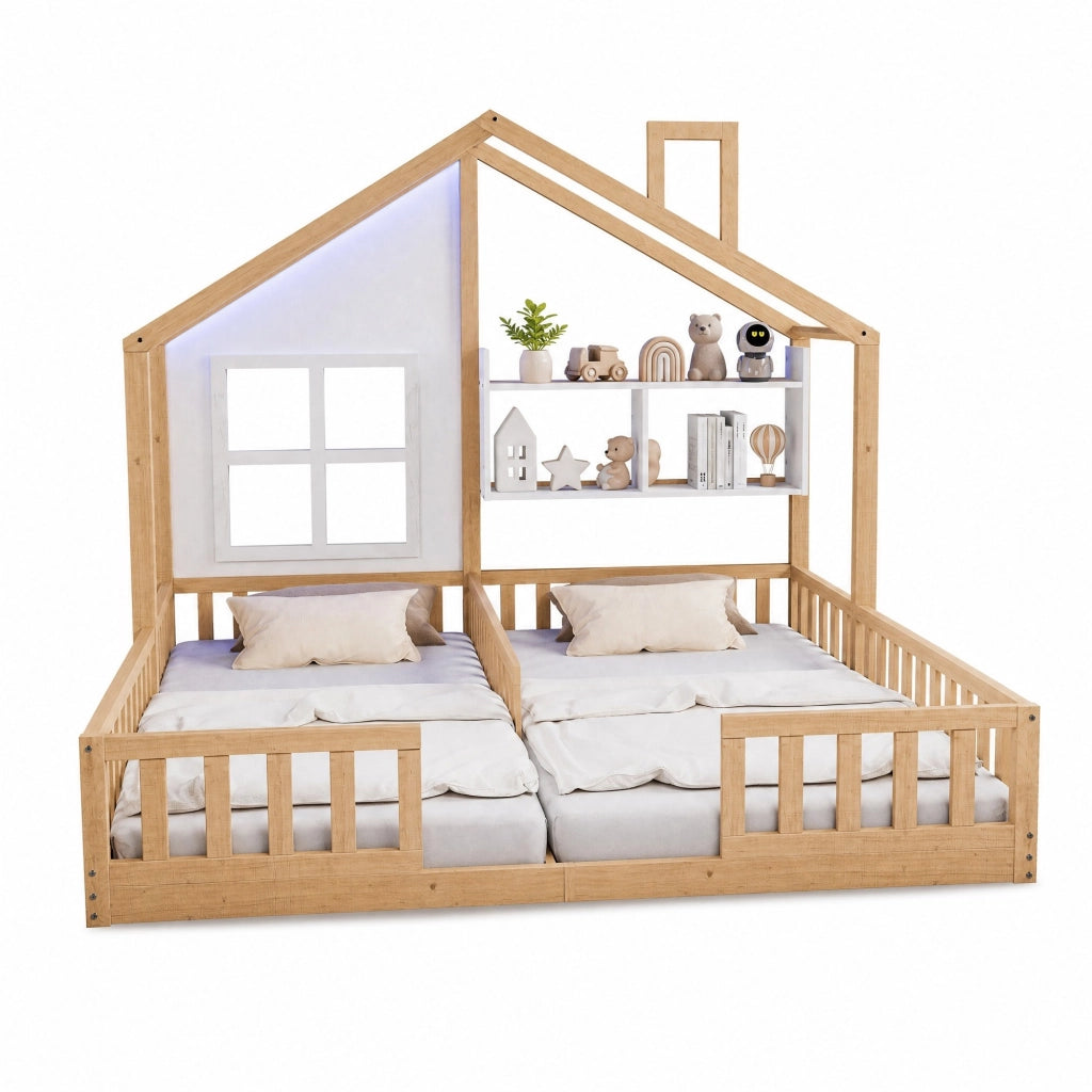 Letto doppio per bambini 2x90x200 cm con LED, ripiani e sponde in legno naturale