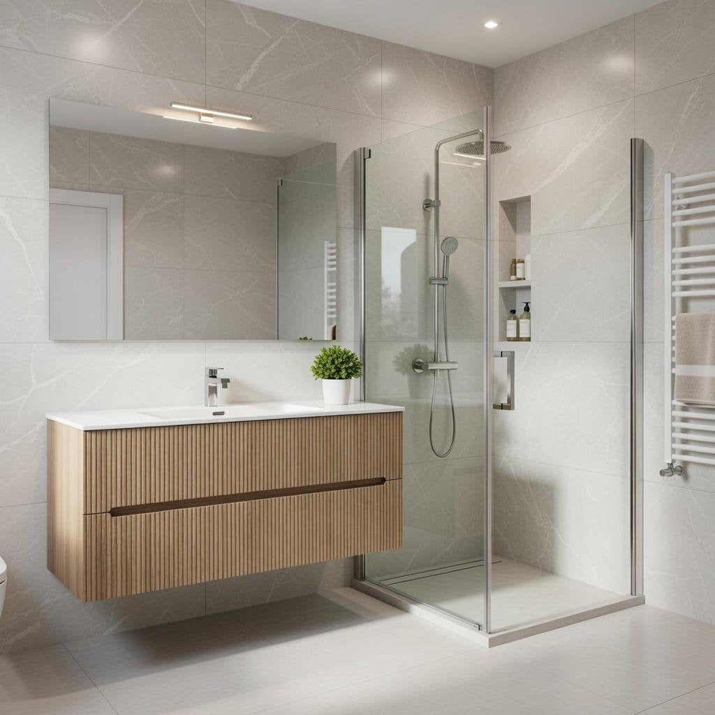 Composizione mobile bagno sospeso con cassetti cm 120 cannettato mod. STICK - Rovere Chiaro