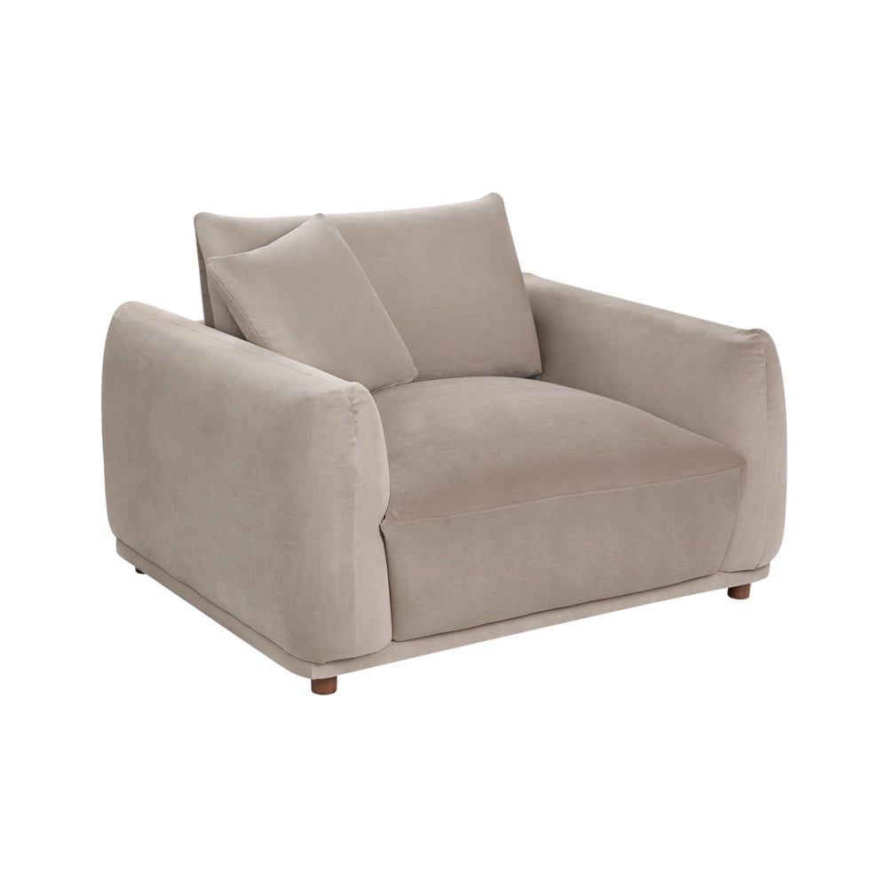 Set divano moderno a 5 posti in velluto con cuscini decorativi e poltrone con gambe in legno tortora stile moderno