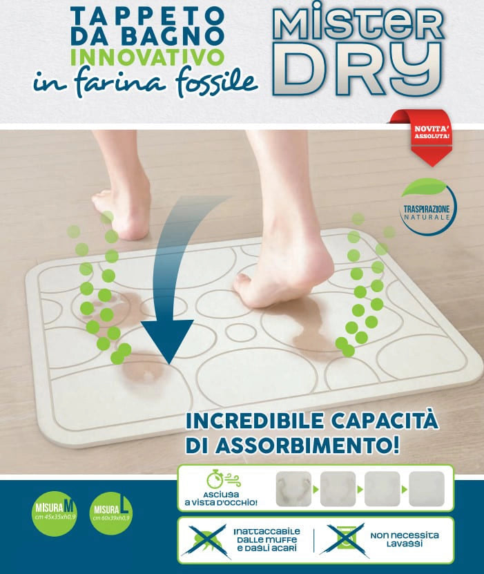 Tappeto da bagno rigido Mister Dry in farina fossile super assorbente asciugatura rapida traspirante anti acari uso interno 60x39 cm Mister Dry