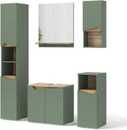 Set di mobili da bagno Marelle, Verde/Artigianale, 60 cm, composto da mobile sottolavabo, specchiera, colonna, base media e pensile