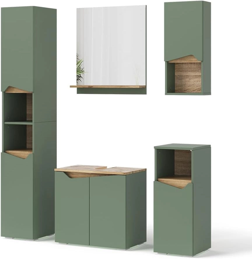 Set di mobili da bagno Marelle, Verde/Artigianale, 60 cm, composto da mobile sottolavabo, specchiera, colonna, base media e pensile