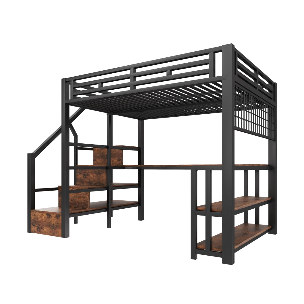 Letto a castello con scrivania e luci LED - Zephmum - 140x200 cm, struttura in ferro, scaffale, USB-C, nero