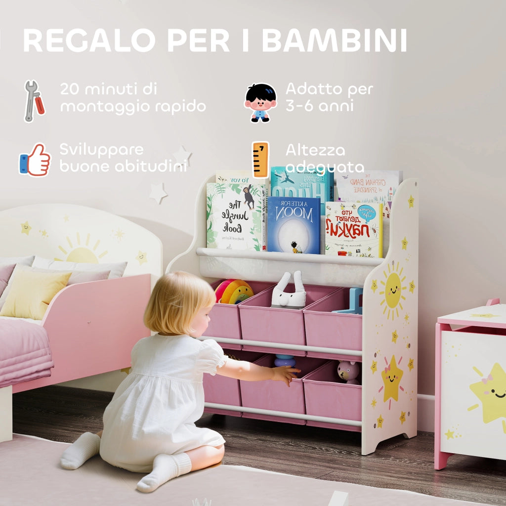 Scaffale Portagiochi per Bambini 63x30x71 cm con 6 Cassetti in Tessuto e Libreria a 2 Livelli in Legno e Acciaio Rosa