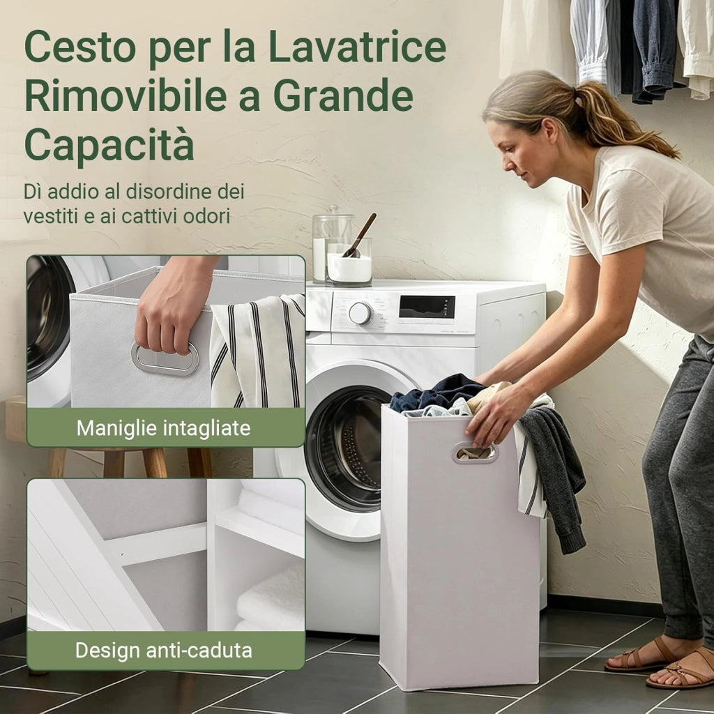 Mobile Bagno con Cesto per Linge Mobile Rangemento Alto Armadio Bagno con 6 Ripiani e 2 Cassetti Mobiletto Salvaspazio Bianco 60x37x171 cm BZR104-W