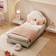 OKWISH Letto Bambino 90×200 cm, Letto Singolo con Testiera a Nuvola, LED Multicolore Regolabile e Doghe in Legno, senza Materasso, Velluto, Beige
