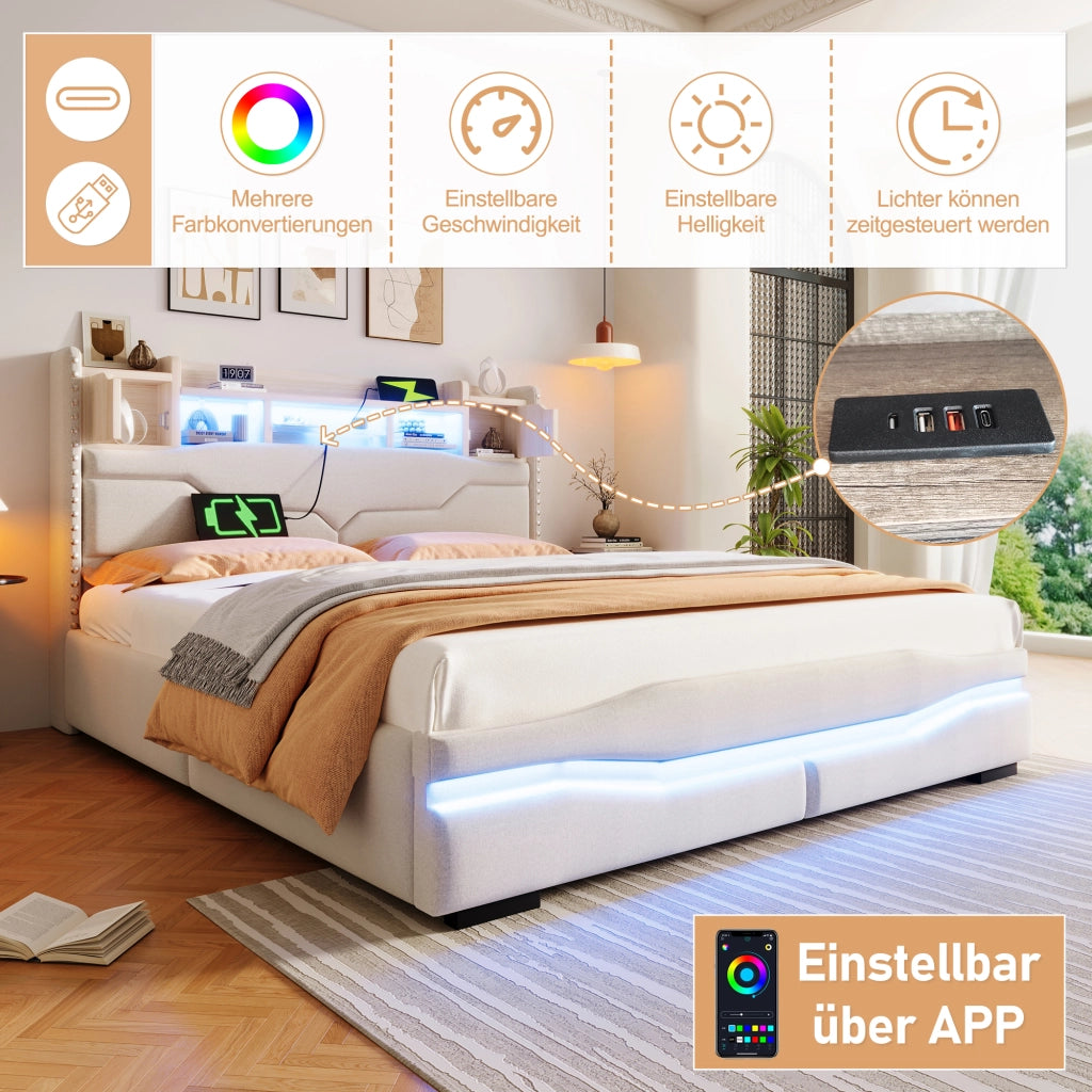 OKWISH Letto Contenitore 160×200 cm, Letto Matrimoniale con USB e Tipo C, LED Regolabile e Vano Contenitore, senza Materasso, in Lino, Beige