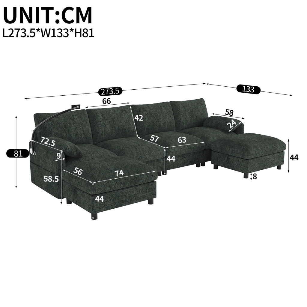Divano angolare modulare 6 posti con due pouf contenitore e ricarica USB Type-C e portatelefono in chenille verde