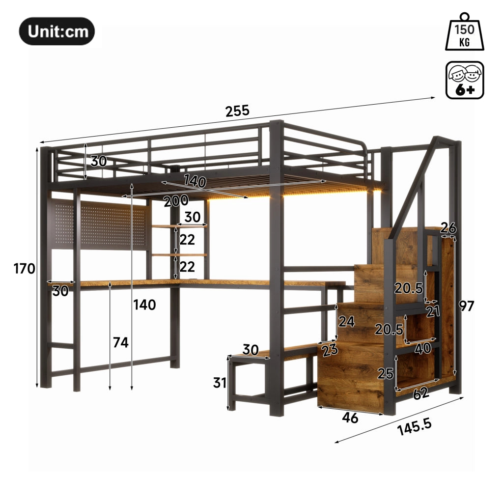 Letto a soppalco in metallo 140x200 cm, letto alto matrimoniale con scrivania, pannello forato, scala contenitore, prese USB/USB-C, ripiani e illuminazione LED, nero
