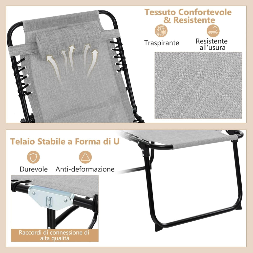 Sedia a Sdraio Pieghevole, Lettino da Giardino con Schienale a 4 Livelli, Tasca Laterale e Poggiatesta Staccabile, Ideale per Giardino, Piscina, Campeggio, Portata 150 kg (Grigio)