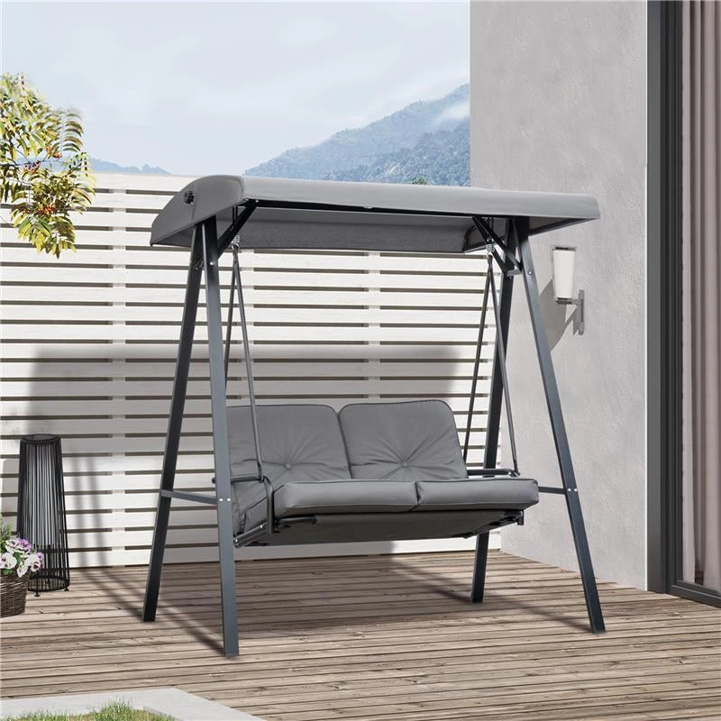 DONDOLO 2 POSTI CON TETTUCCIO REGOLABILE E CUSCINI IN ACCIAIO E POLIESTERE 144X117X173 CM GRIGIO