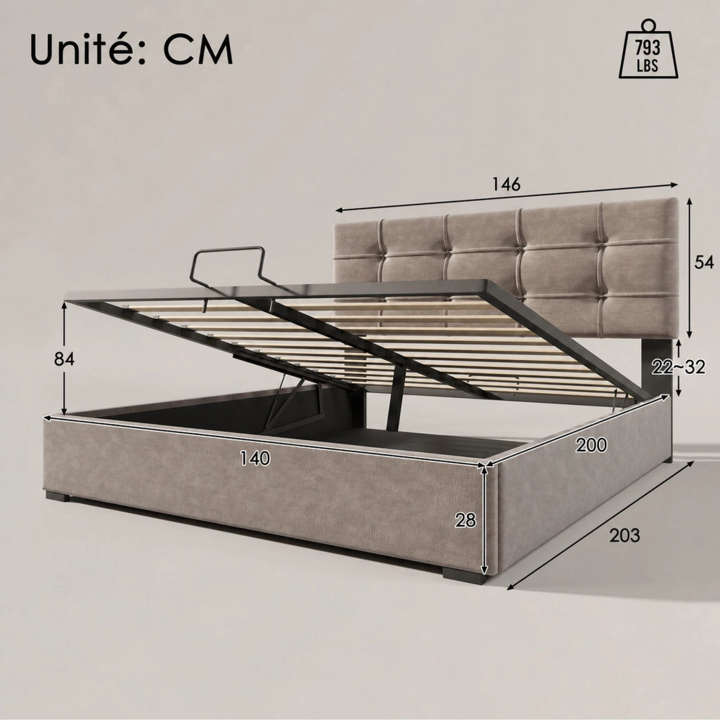 DESMIU Letto Matrimoniale 140 × 200 cm con contenitore, testiera regolabile e senza materasso, in velluto, grigio chiaro