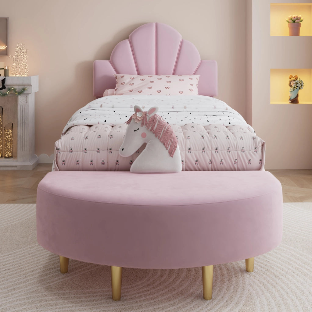 Letto singolo imbottito rosa 90x200 cm con testiera in velluto e panca coordinata