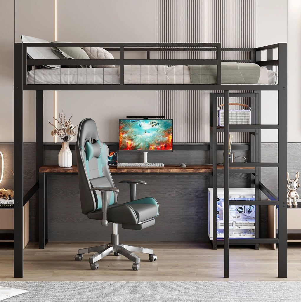 Letto a soppalco 140 x 200 cm in metallo con scrivania, scaffali e prese USB/Type-C