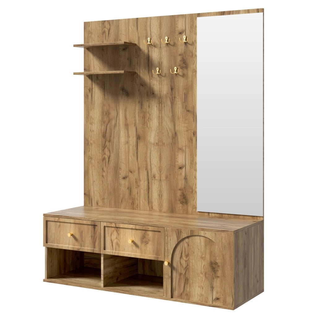 Garderobiera da ingresso multifunzione 6 in 1 con specchio, 5 ganci, 2 cassetti e vano chiuso, effetto legno, 120 x 35 x 159 cm