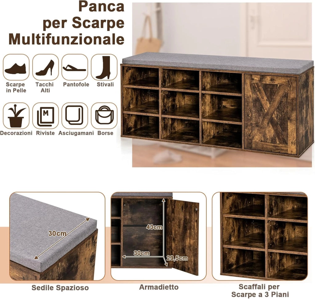 Panca Scarpiera da Ingresso, Scarpiera con Seduta Imbottito, 9 Scomparti e Armadio con Ante, Panca Contenitore con Ripiani Regolabili, per Camera da Letto Corridoio, 110,5x30x49 cm (Marrone)