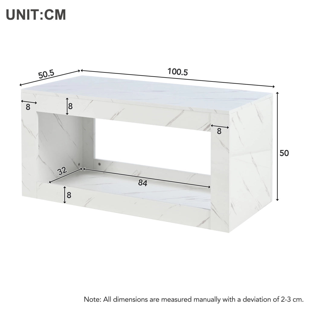 Tavolino da salotto moderno con LED USB; 100 x 50 x 50 cm; bianco lucido effetto marmo