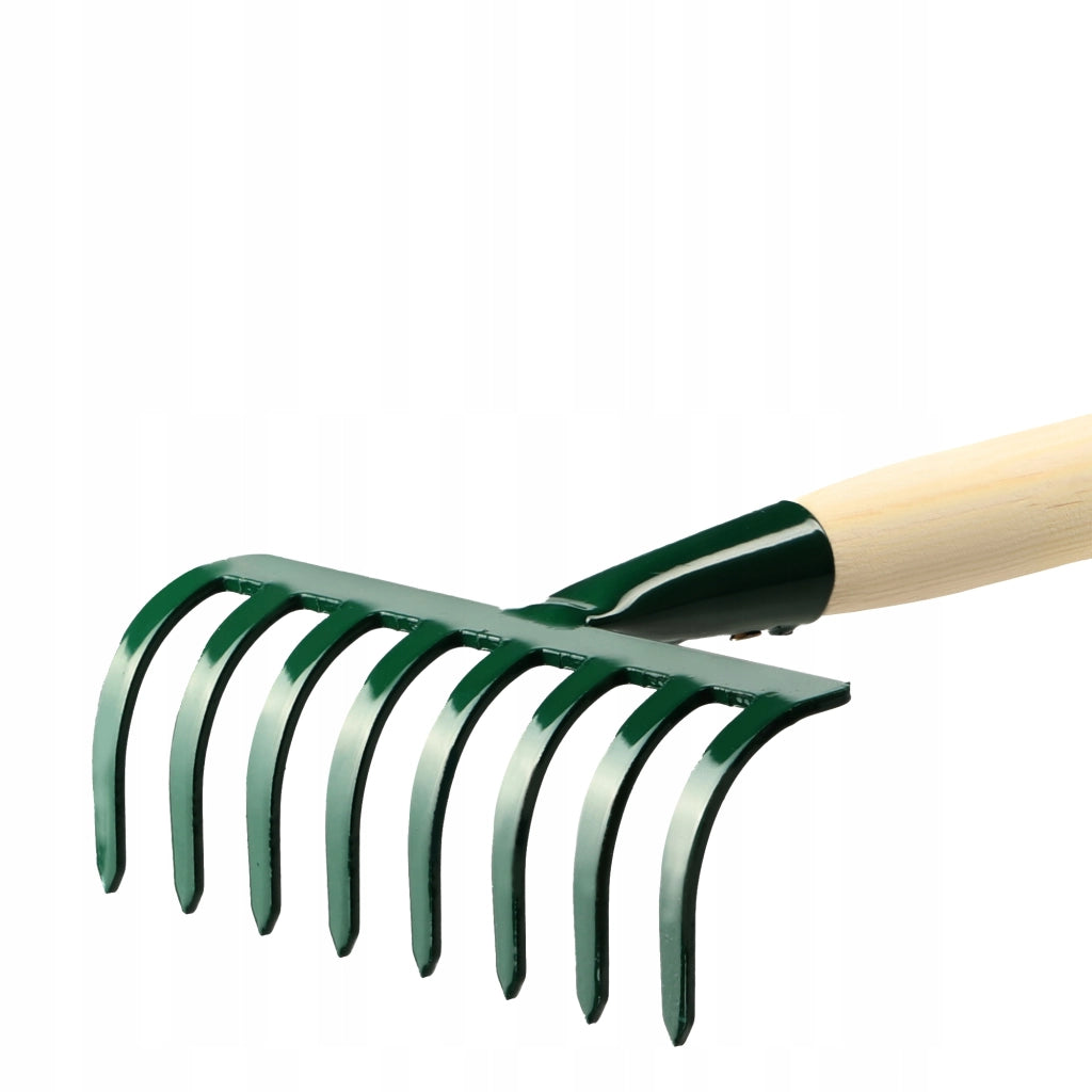 KADAX Piccolo rastrello per foglie ed erba da giardino, 66 cm, 8 denti, manico in legno