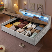 Letto imbottito 140x200 beige con contenitore idraulico e testiera LED