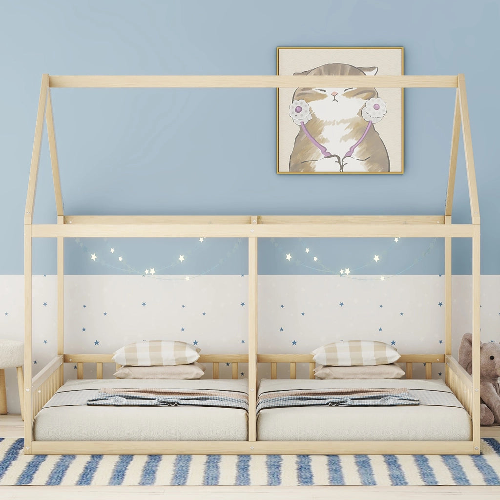OKWISH Letto a casetta 90×200 cm, Letto 2 Posti con Sponde di Sicurezza e Separatore Centrale, senza Materasso, in Pino, Naturale