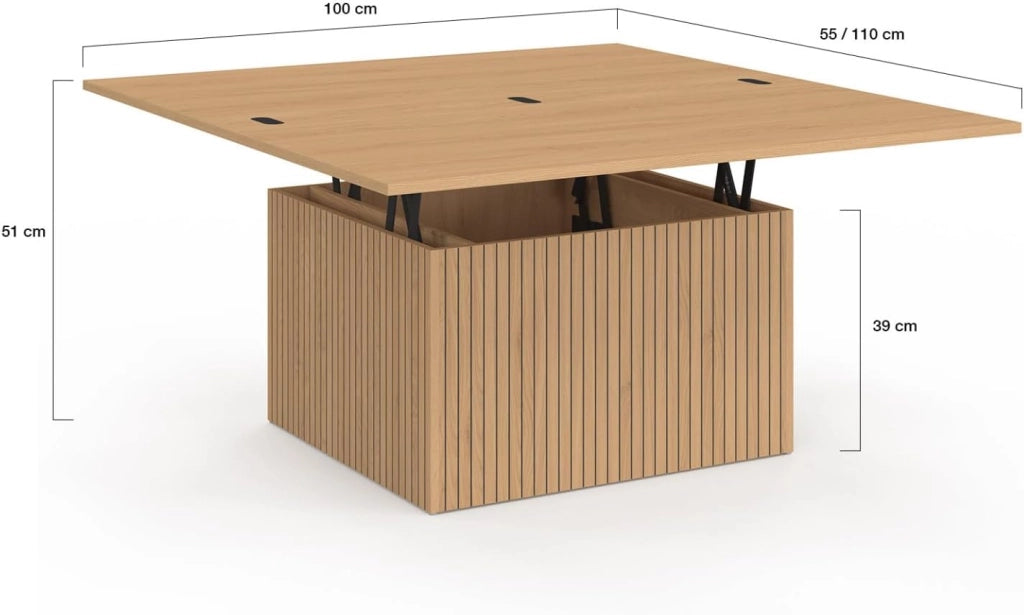 Tavolino da caffè con piano sollevabile rettangolare convertibile in tavolo da pranzo Juliette 100 cm effetto stecche legno