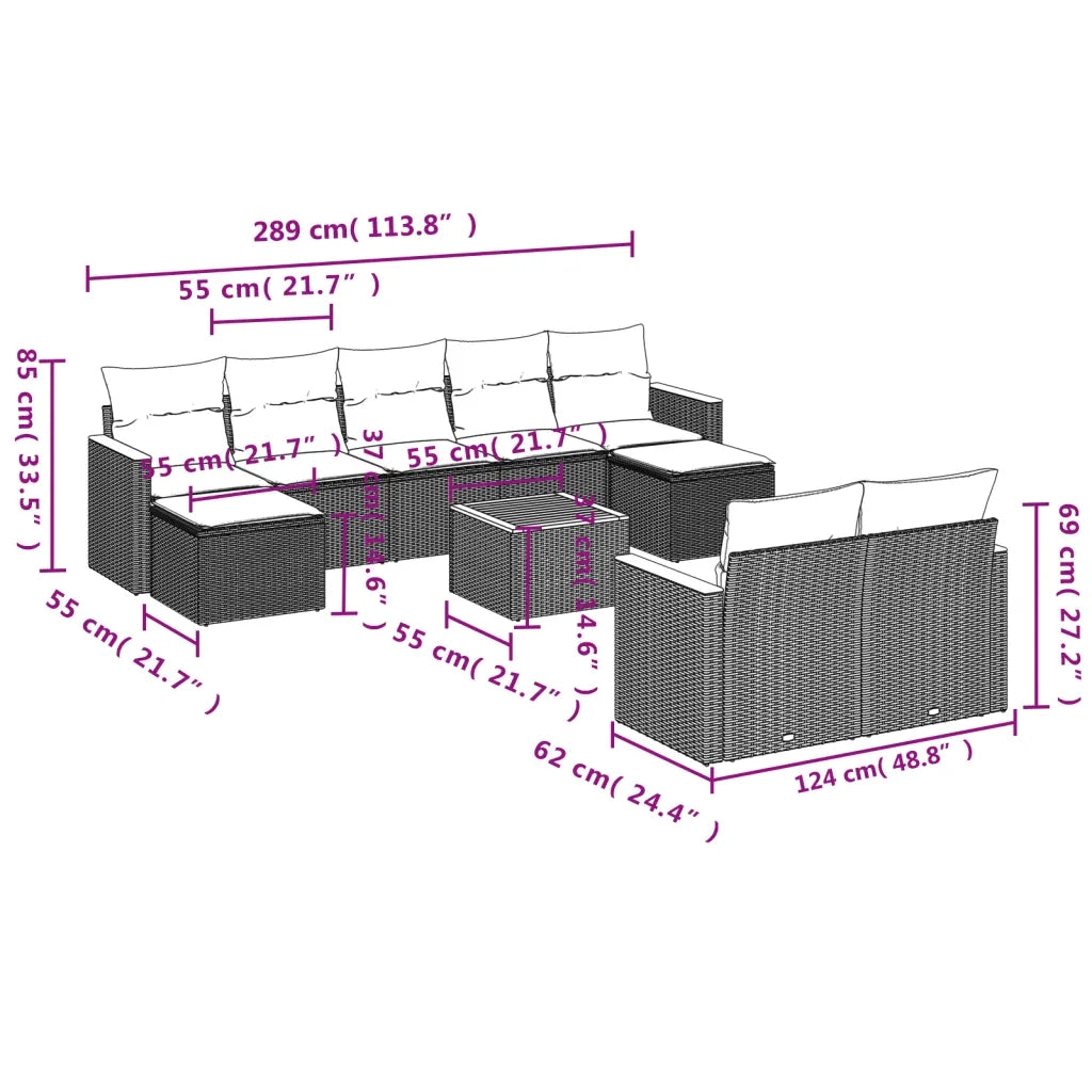 Set Divano da Giardino 10 pz con Cuscini Grigio in Polyrattan 3226410