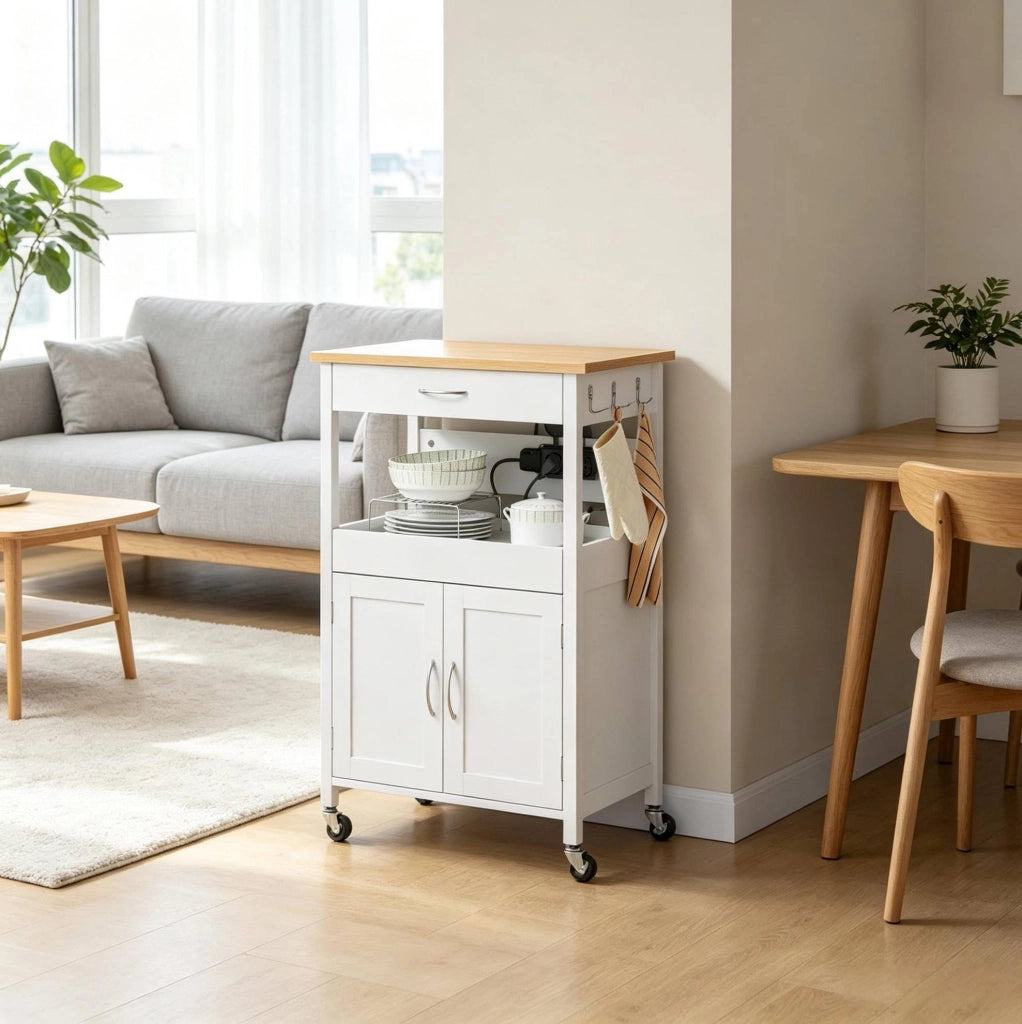Carrello da cucina con prese, cassetto e armadietto bianco