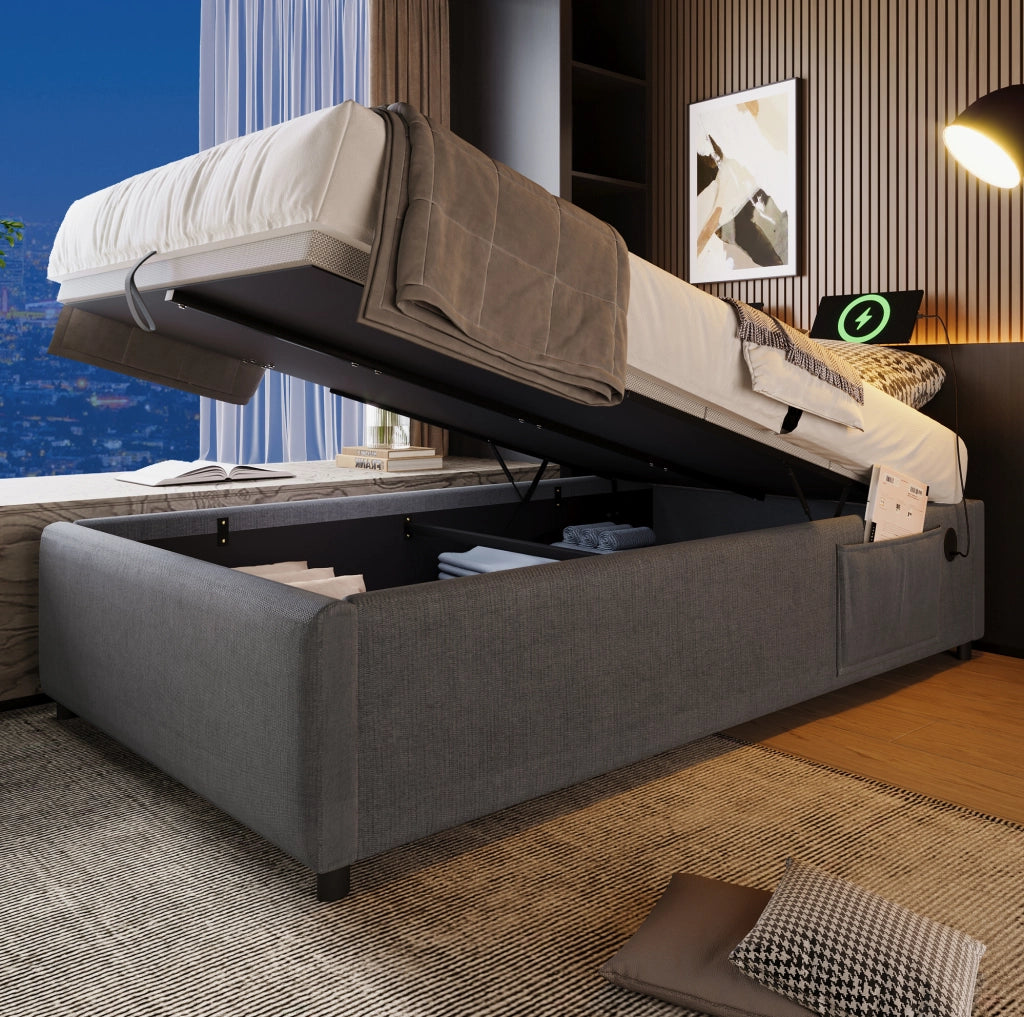 Letto singolo 90x200 cm con contenitore idraulico; USB e USB-C; in cotone e lino grigio