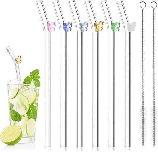 Riciclabili Bastoncini di Vetro - 6 Pezzi con Spazzole di Pulizia - Bastoncini di Vetro Curvi Resistenti alle Fessure per Cocktail e Bevande
