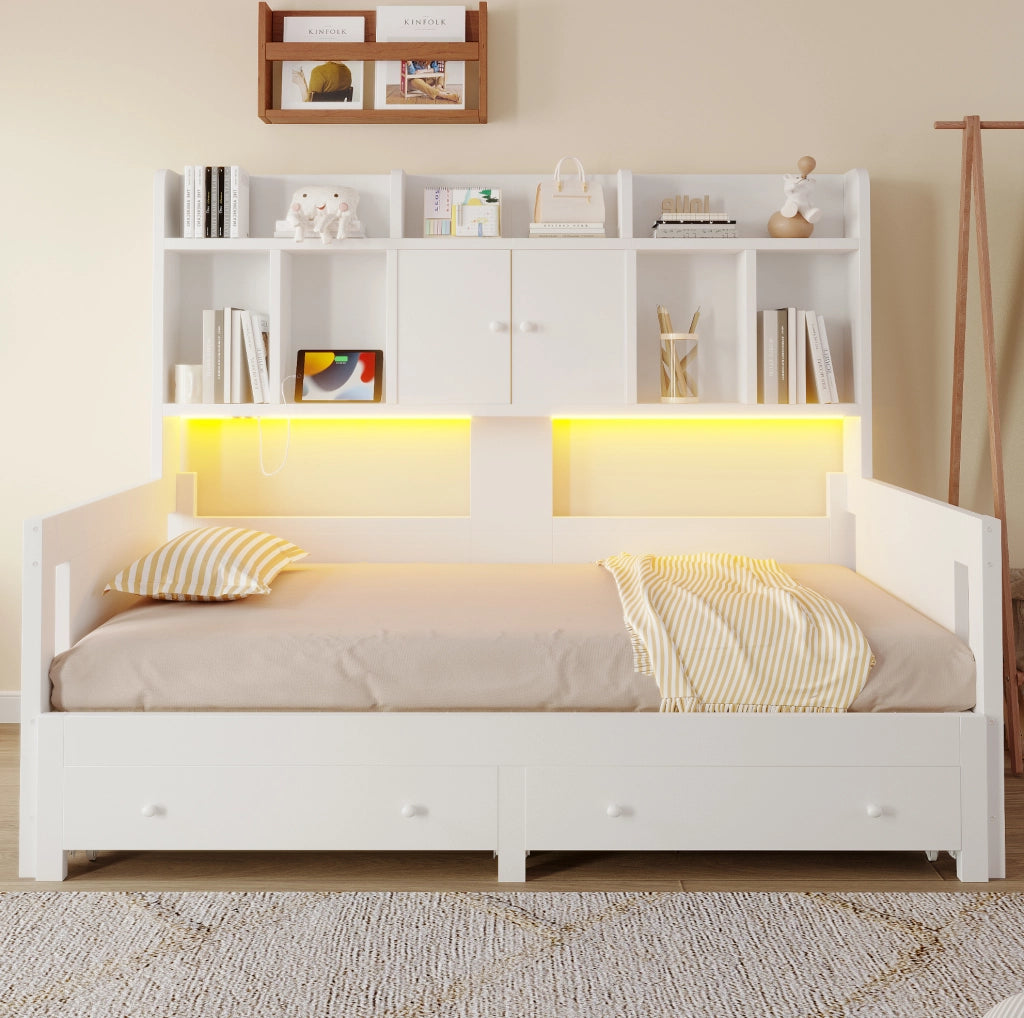 Divano letto estraibile 90x190 cm con LED e prese, bianco