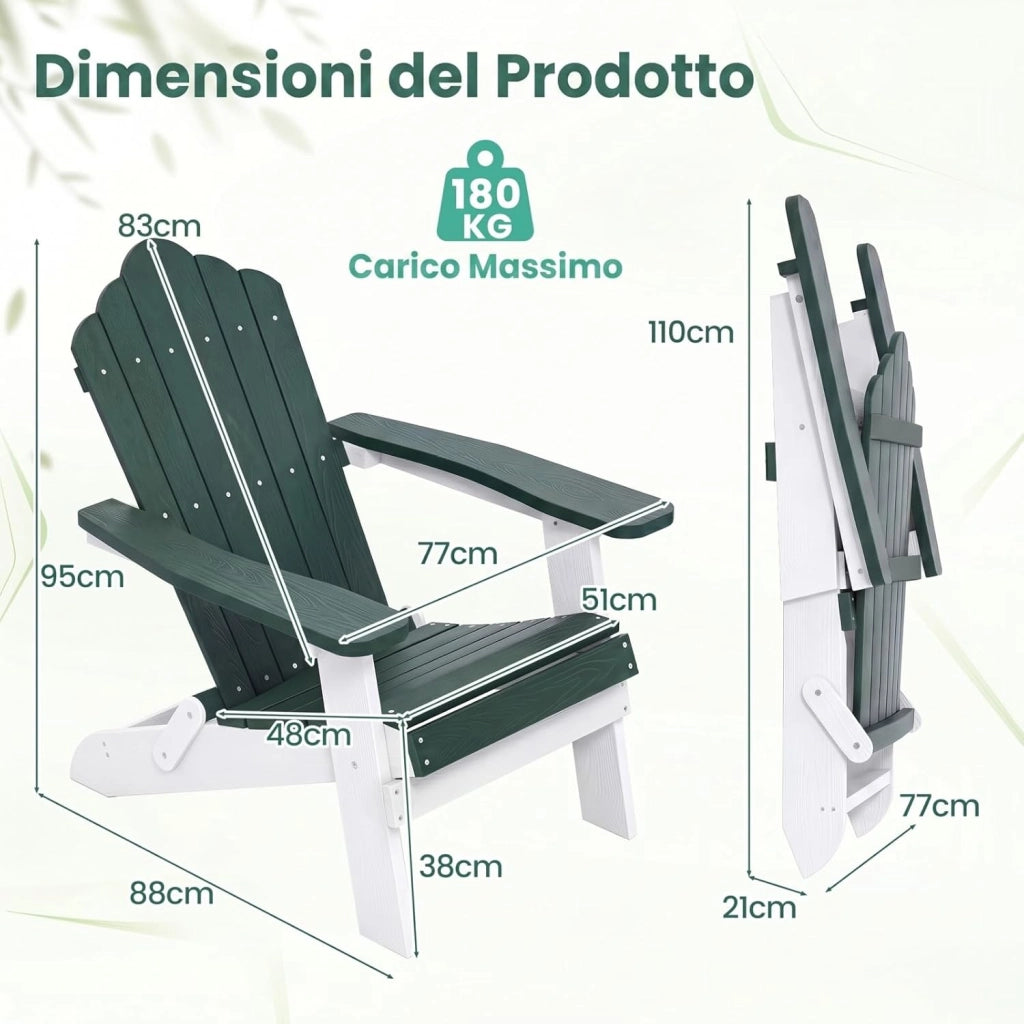 Sedia Adirondack Pieghevole da Giardino, Sedia da Patio in HIPS con Braccioli Larghi e Schienale Inclinato, Poltrona in Legno, per Giardino Cortile, Portata 180 kg (2, Verde+Bianco)