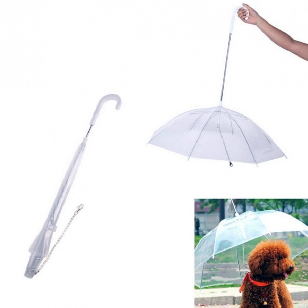 Trade Shop - Ombrello Portatile Trasparente Cane Animali Antivento Pioggia Guinzaglio Collare -
