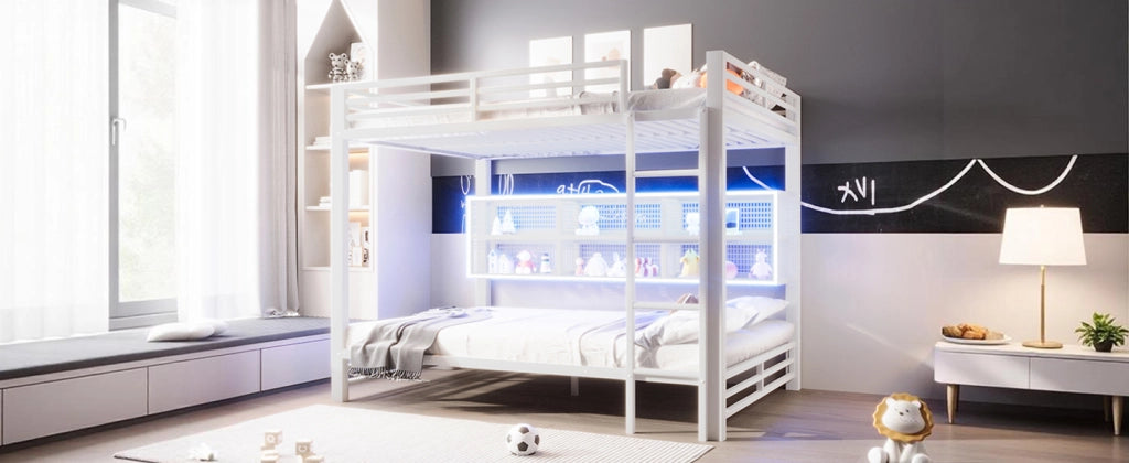 Letto a castello 140x200 bianco con armadietti e luci LED in metallo