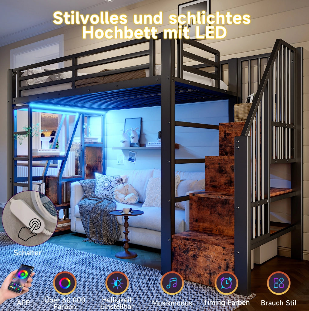 Letto a soppalco 90 x 200 cm con LED e contenitori