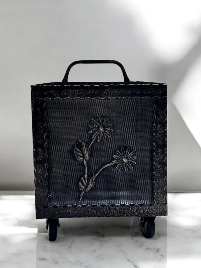 Porta Legna a Carrello in Ferro Battuto, 42x37x72 cm, con Ruote, per Camino e Stufa, Motivo floreale Grigio