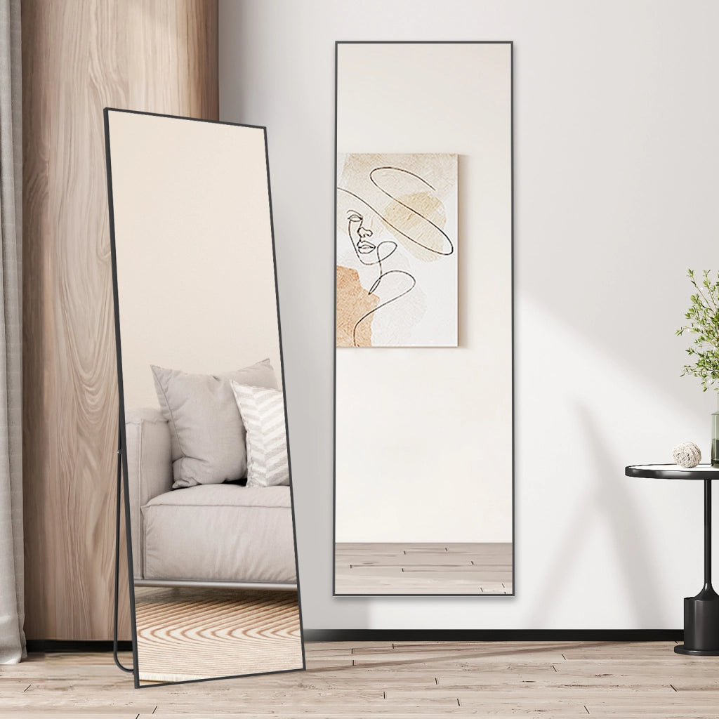 Specchio a figura intera, 162 x 52 cm, specchio autoportante con supporto, specchio quadrato a figura intera, nero, autoportante o inclinabile.