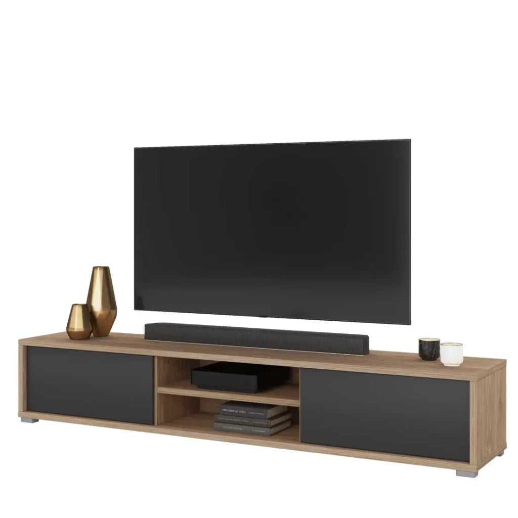 Mobile TV 180cm, 2 porte e 2 nicchie collezione MAANUM. Colore quercia chiara e grigio.