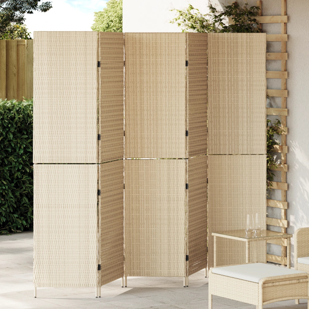 Paravento 5 Pannelli Pieghevole Beige 245x180 cm Poly Rattan