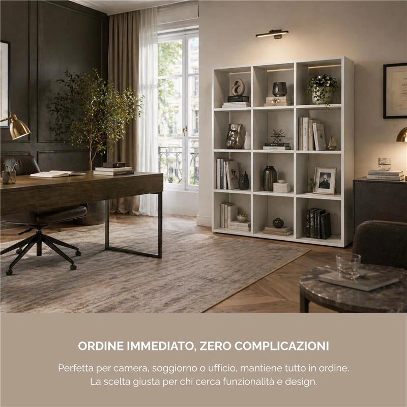 LIBRERIA CUBICA IN LEGNO BIANCO MODERNA CON 12 RIPIANI DIMENSIONI 90X24X130 CM