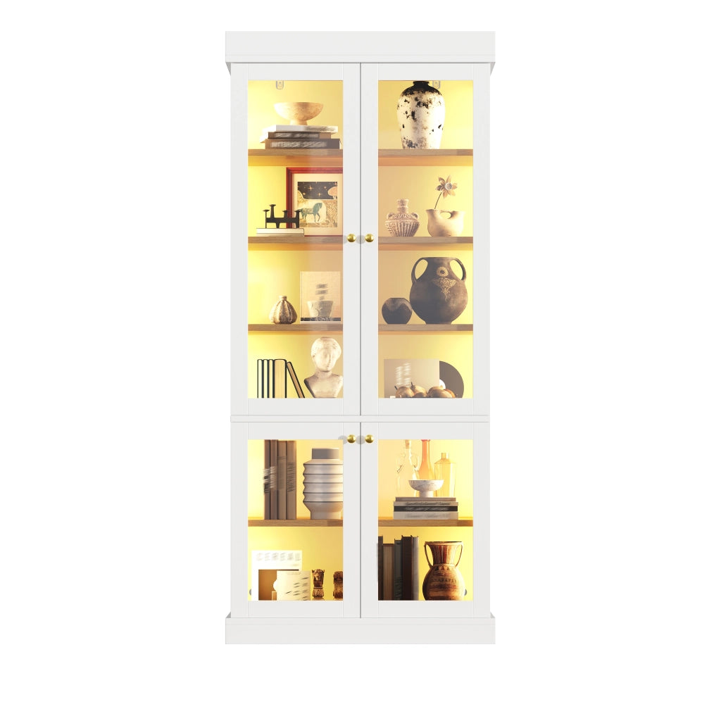 Armadio con ripiani regolabili e LED; con vetro - per soggiorno - in MDF e vetro - 80 x 40 x 180 cm - bianco