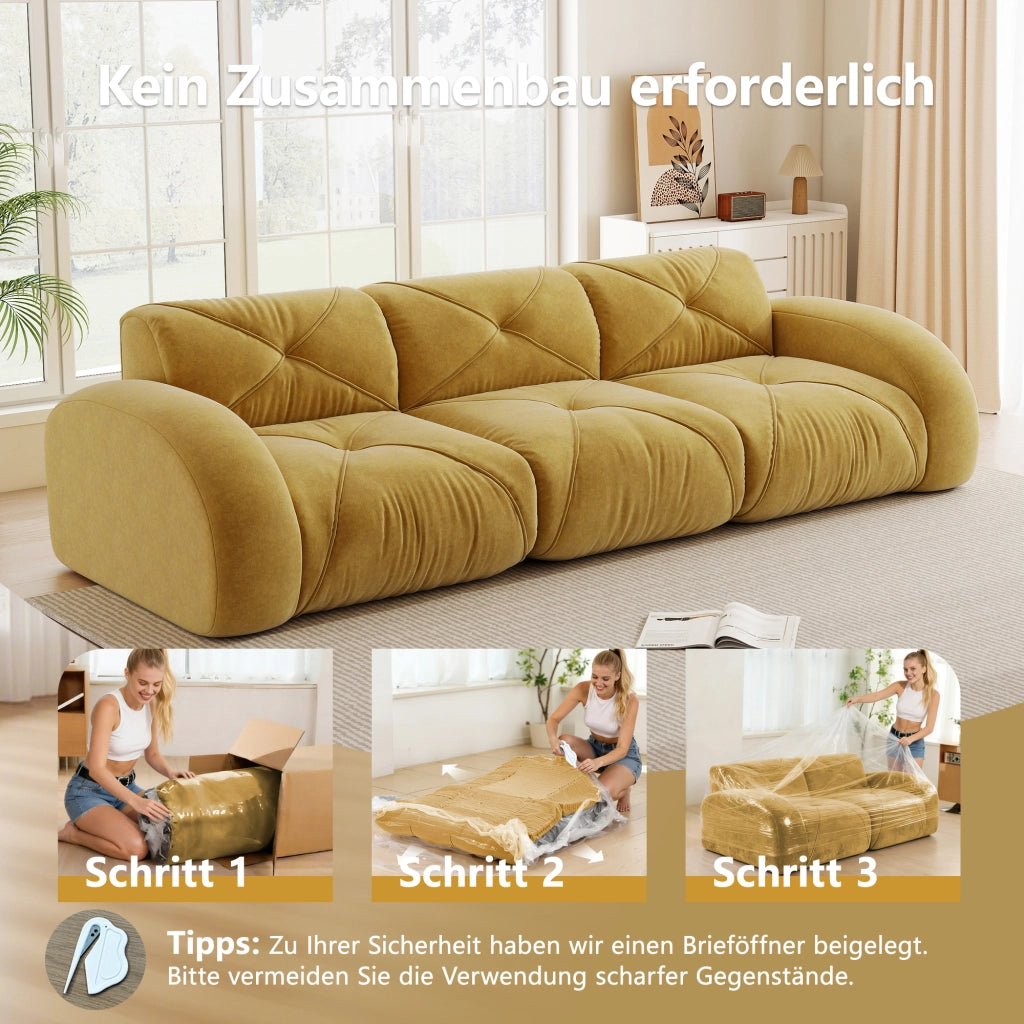Divano modulare a tre posti in chenille senza montaggio con schiuma 32D e design senza struttura giallo
