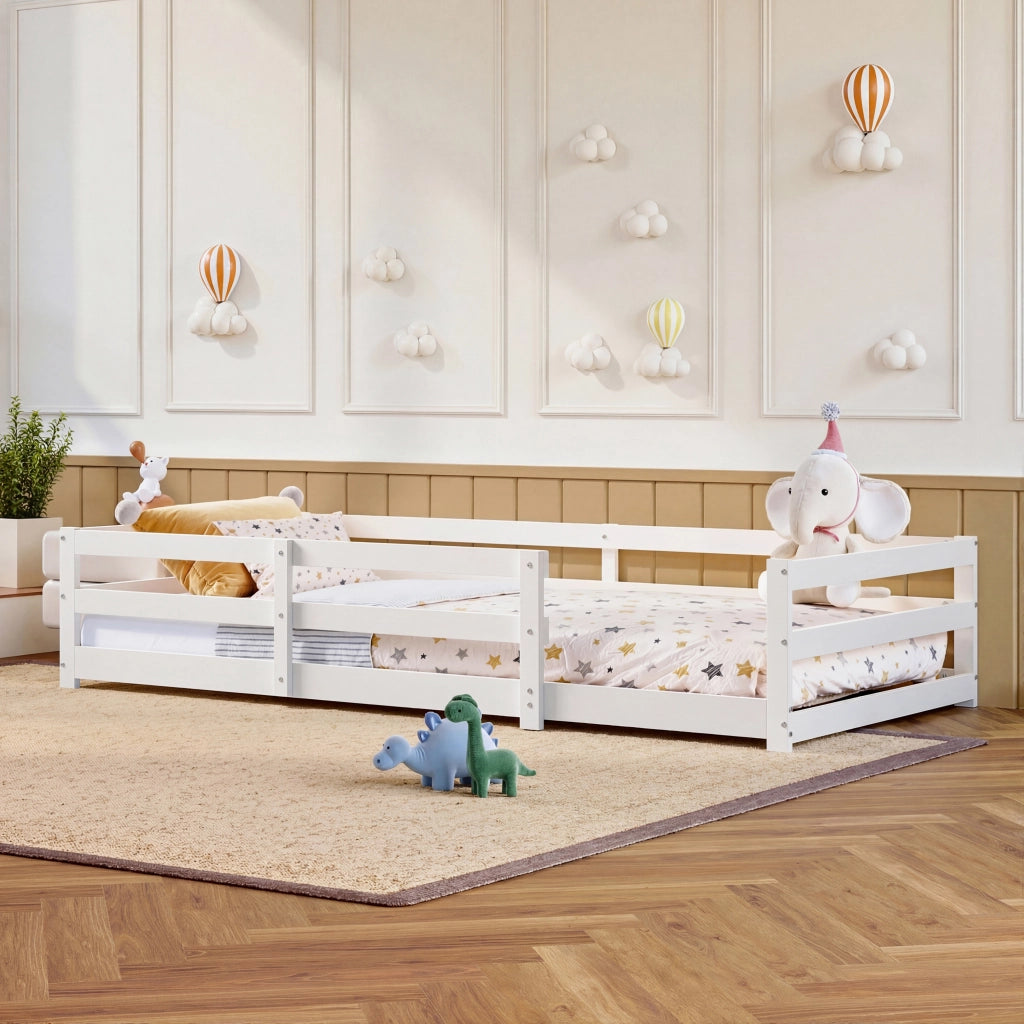 Letto per bambini Montessori 90 × 200 cm con barriera di sicurezza, rete inclusa, senza materasso, in pino, bianco