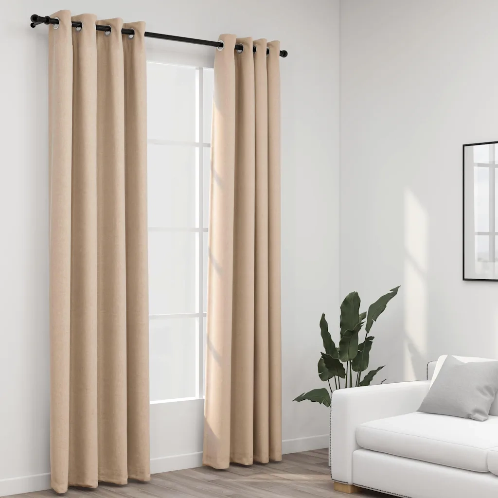 Tende Oscuranti Effetto Lino con Occhielli 2pz Beige 140x225 cm 321209