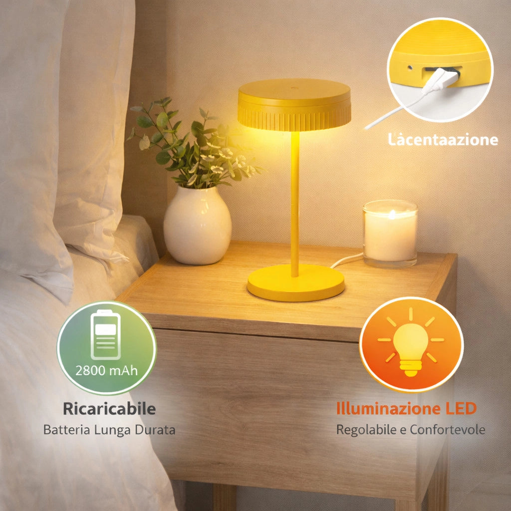 LAMPADA TAVOLO LED RICARICABILE TOUCH USB 2000MAH DESIGN MODERNO GIALLO LPT146