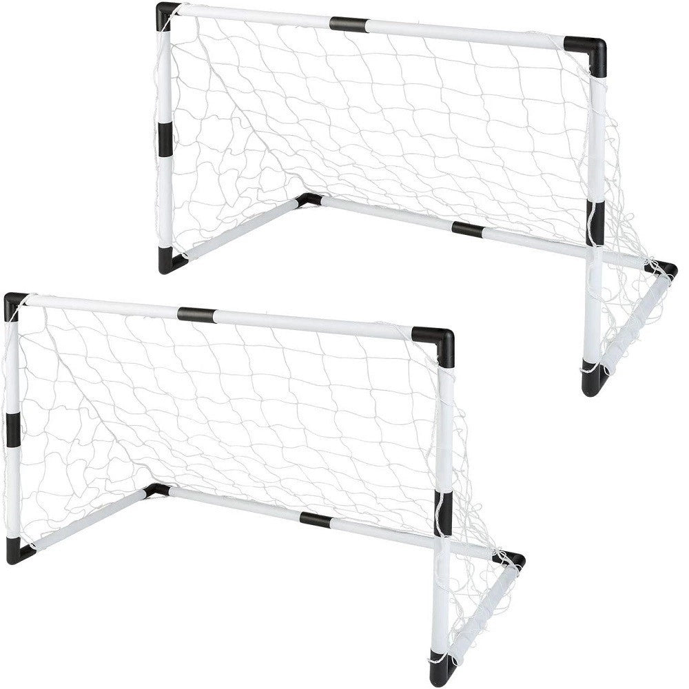 Trade Shop - Set 2 Pz Mini Porte Da Calcio 91,5x61x48cm Con Palla Pompa 8 Picchetti Fissaggio -