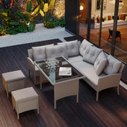 Set salotto polyrattan 7 persone: Divanooo + tavolo + sgabello + cuscini; tessuto lavabile; kaki