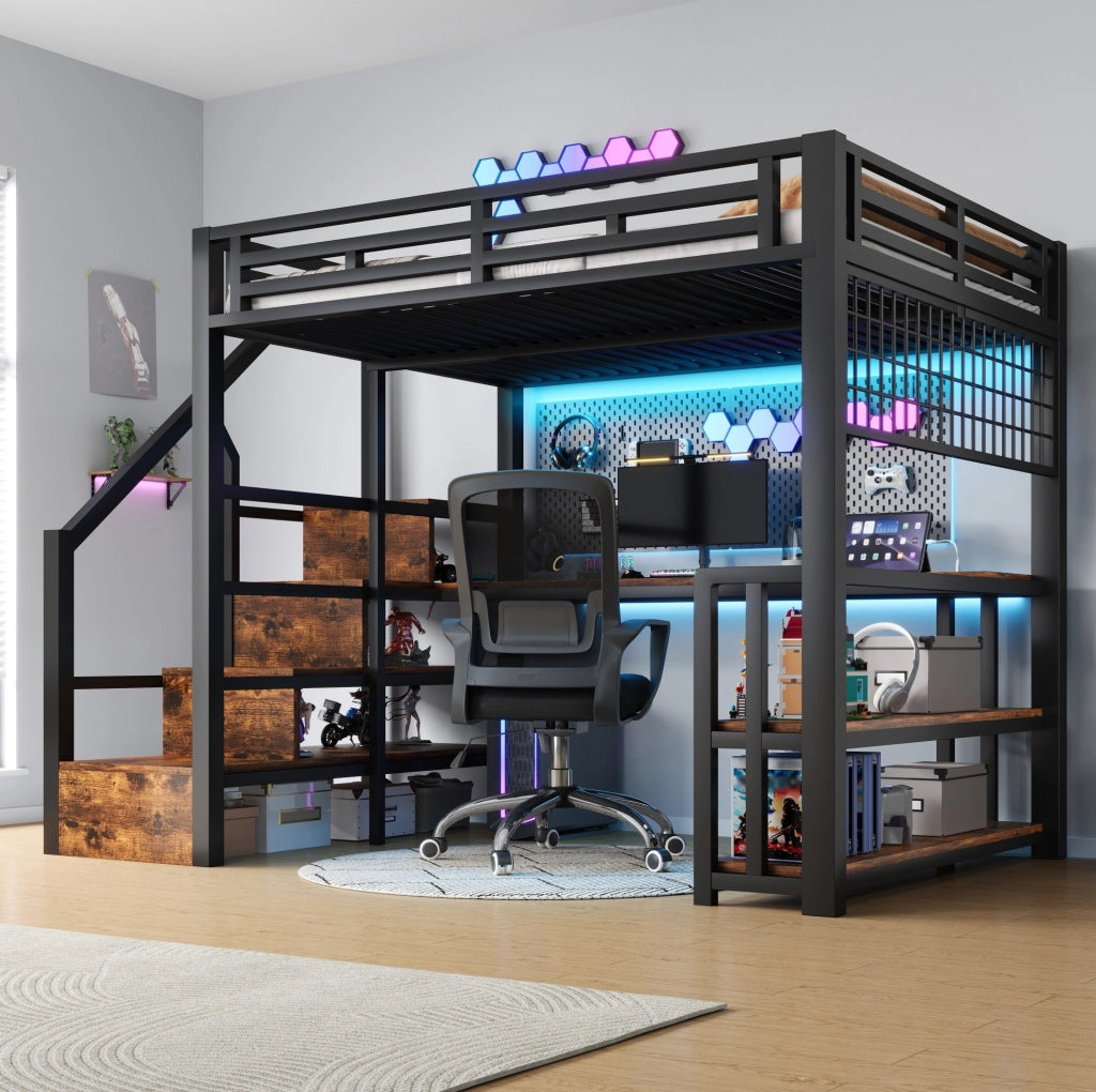 Letto a soppalco 140x200 cm con scrivania, LED e prese USB